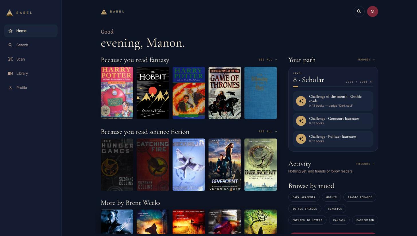 The home screen of Babel in English: recommendations by genre, reading level and challenges, and moods to browse.