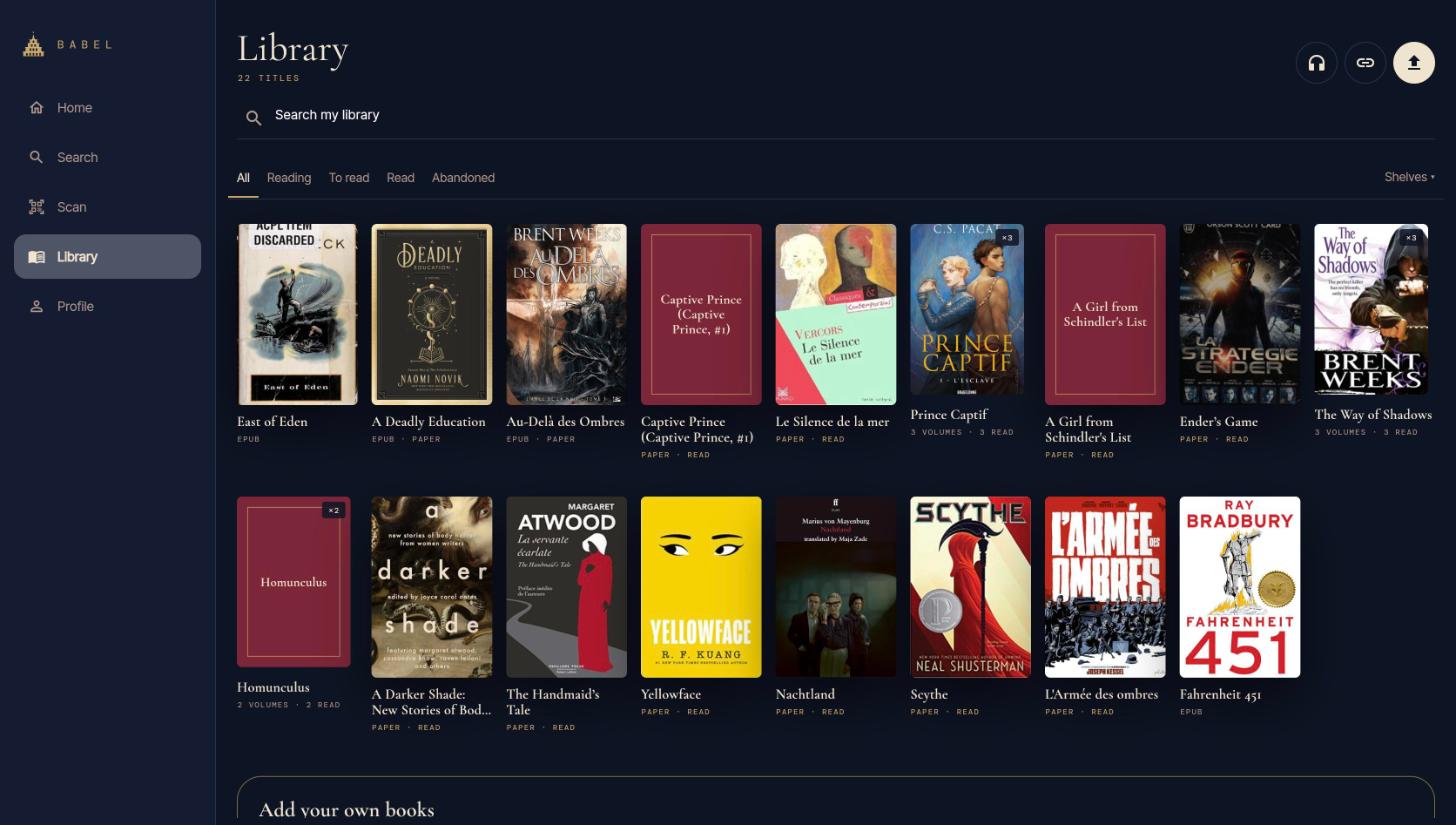 The library screen of Babel in English: a shelf of books with their format and reading status.
