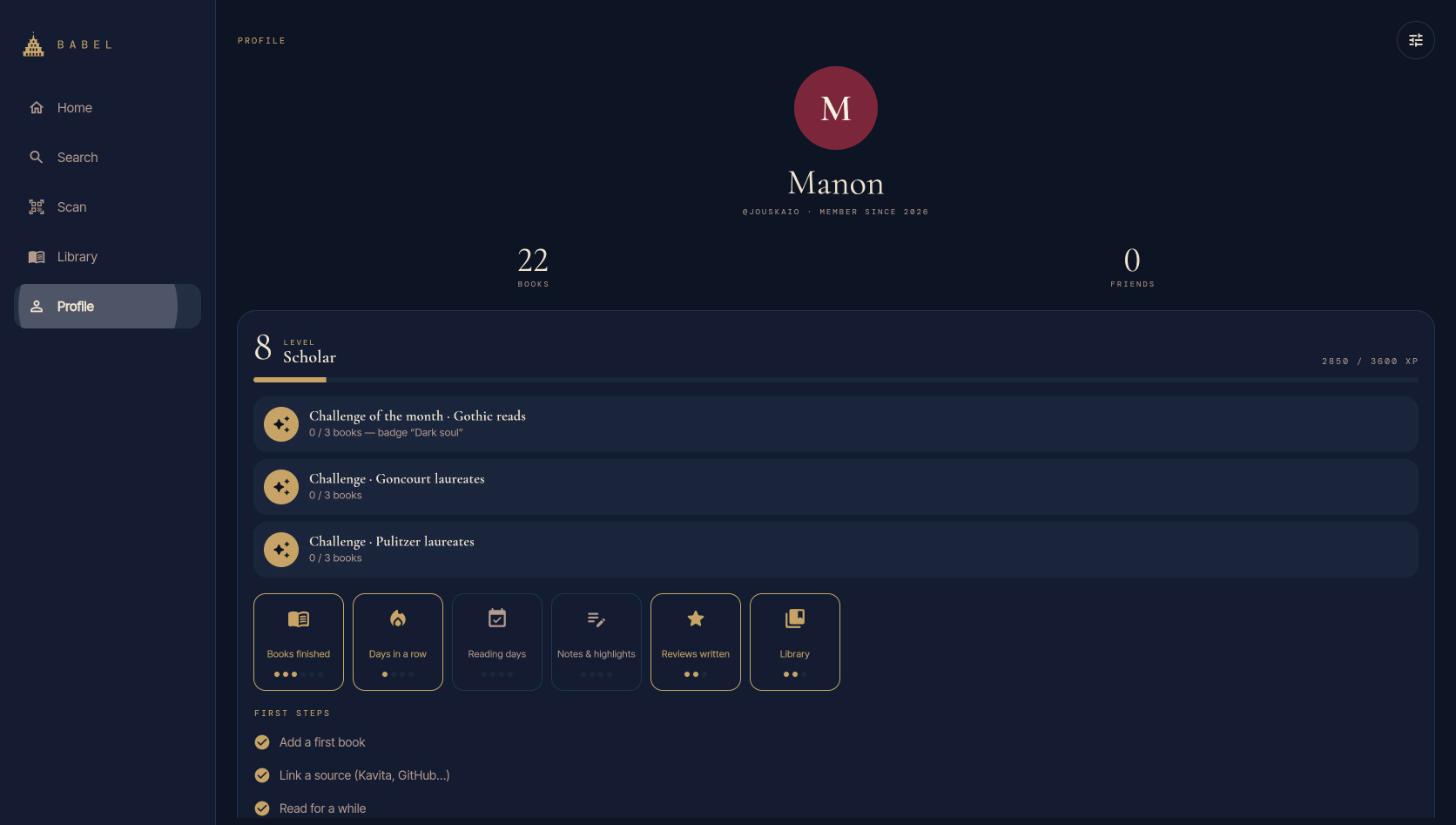 The profile screen of Babel in English: reading level, challenges of the month and badges.